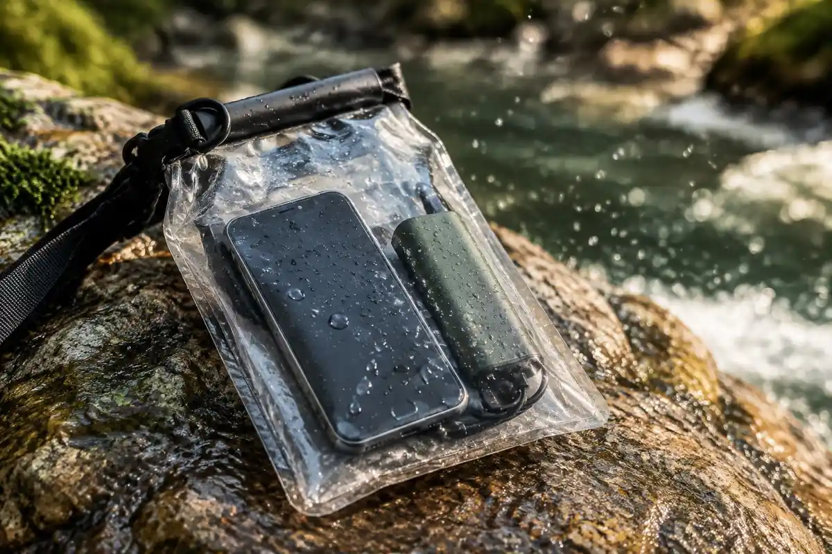 Phone and battery inside a sealed dry bag
