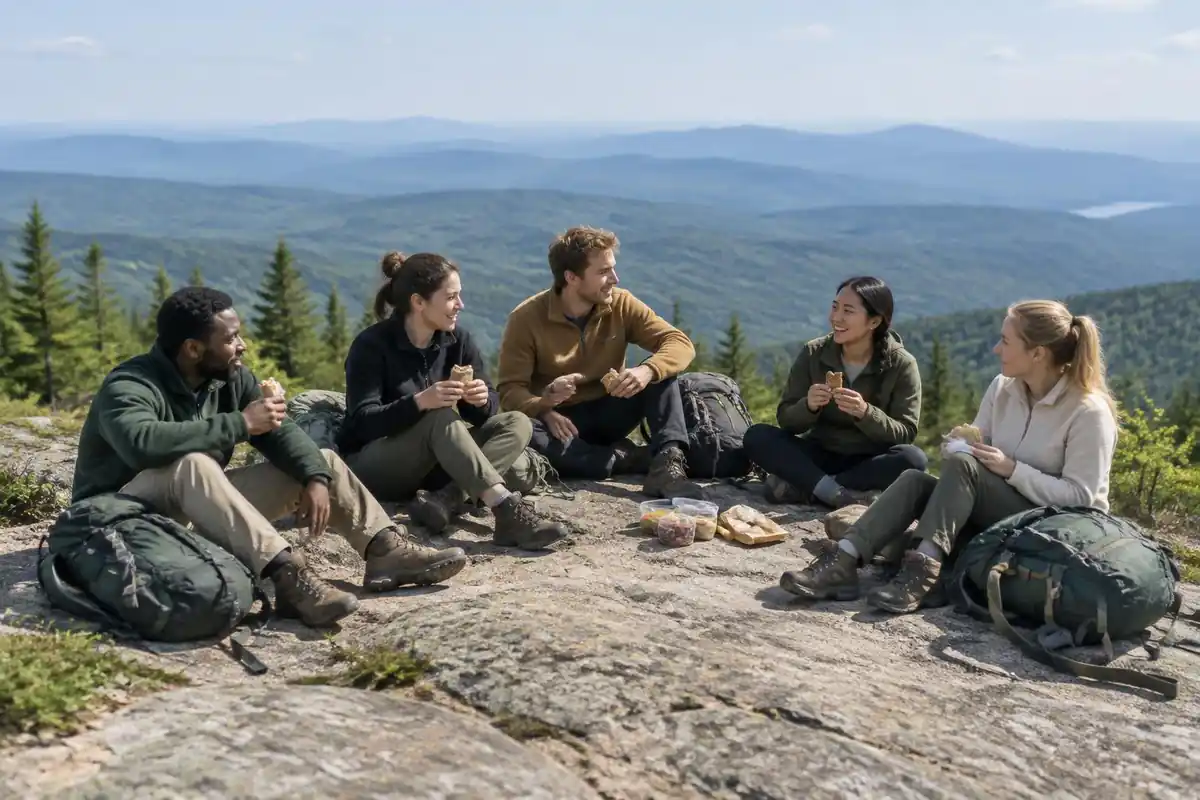 Group on a summit plateau lunch break with loosened packs
