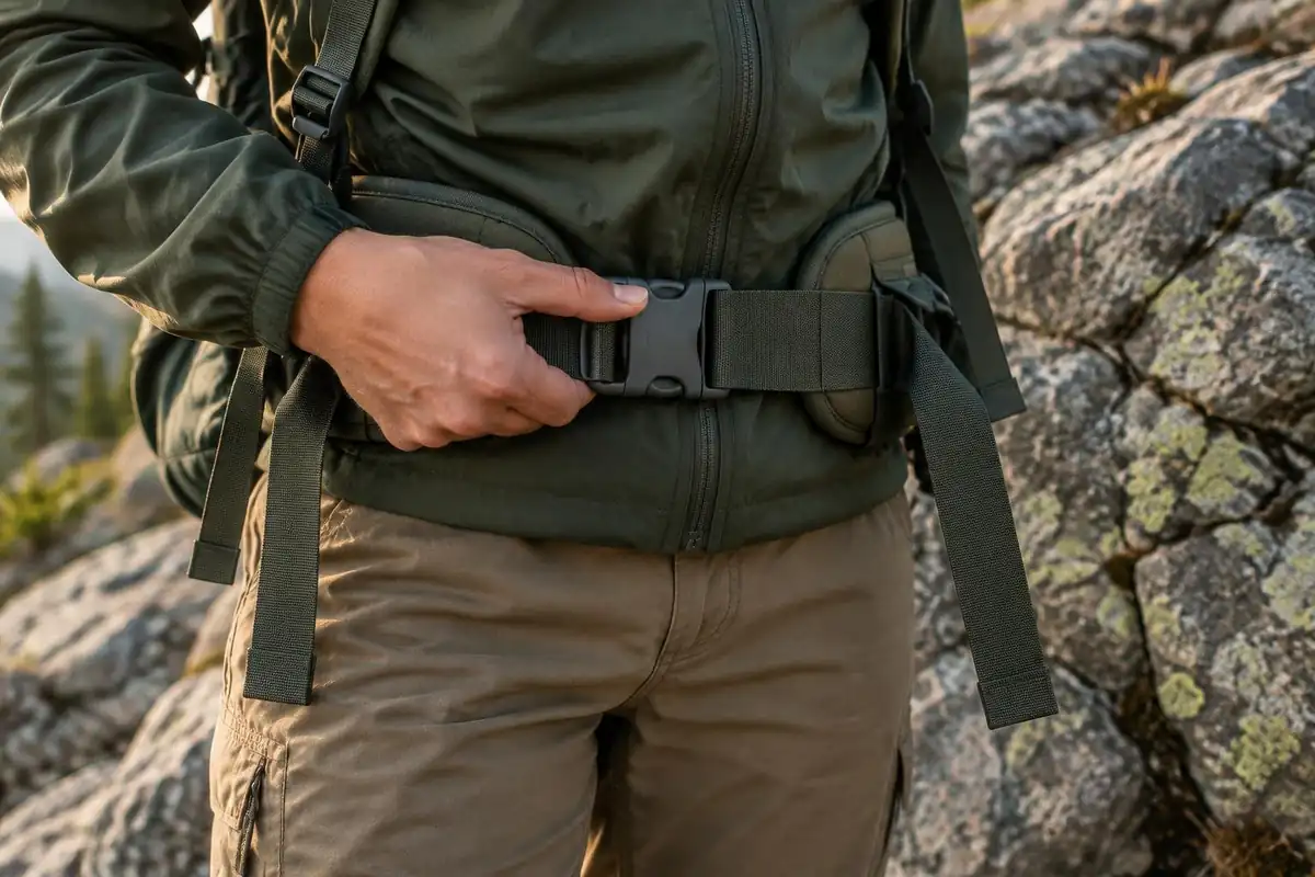 Thumb pressing open a hip belt buckle beside loosened shoulder strap tails