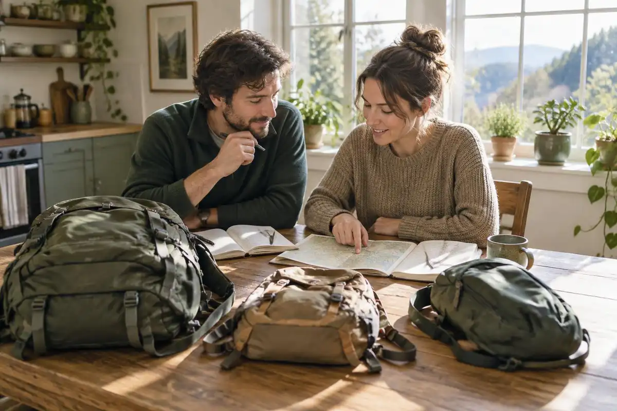 Couple planning at a kitchen table with several packs of different sizes