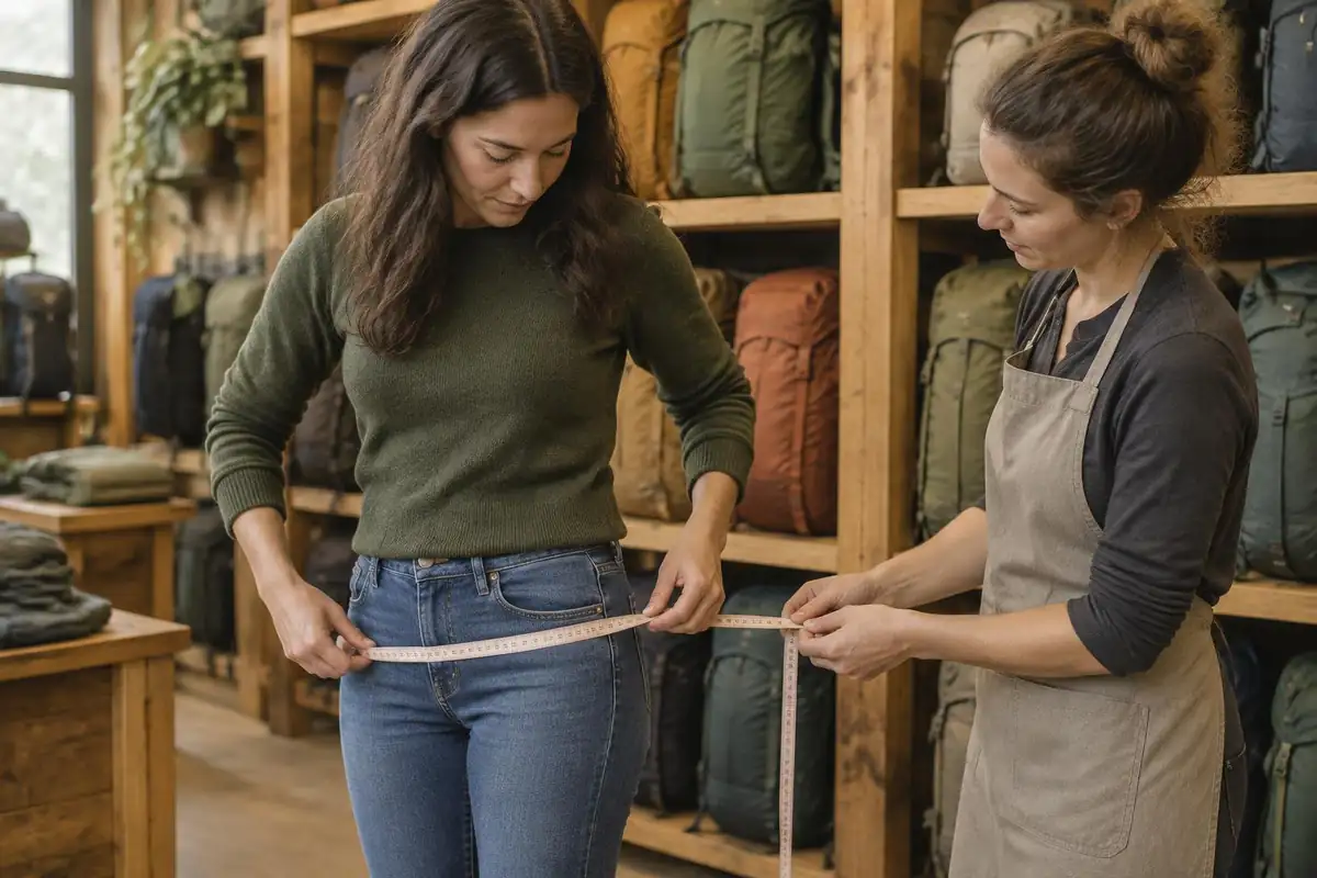 Woman wrapping a tape around her hips over jeans in a gear-shop fitting corner