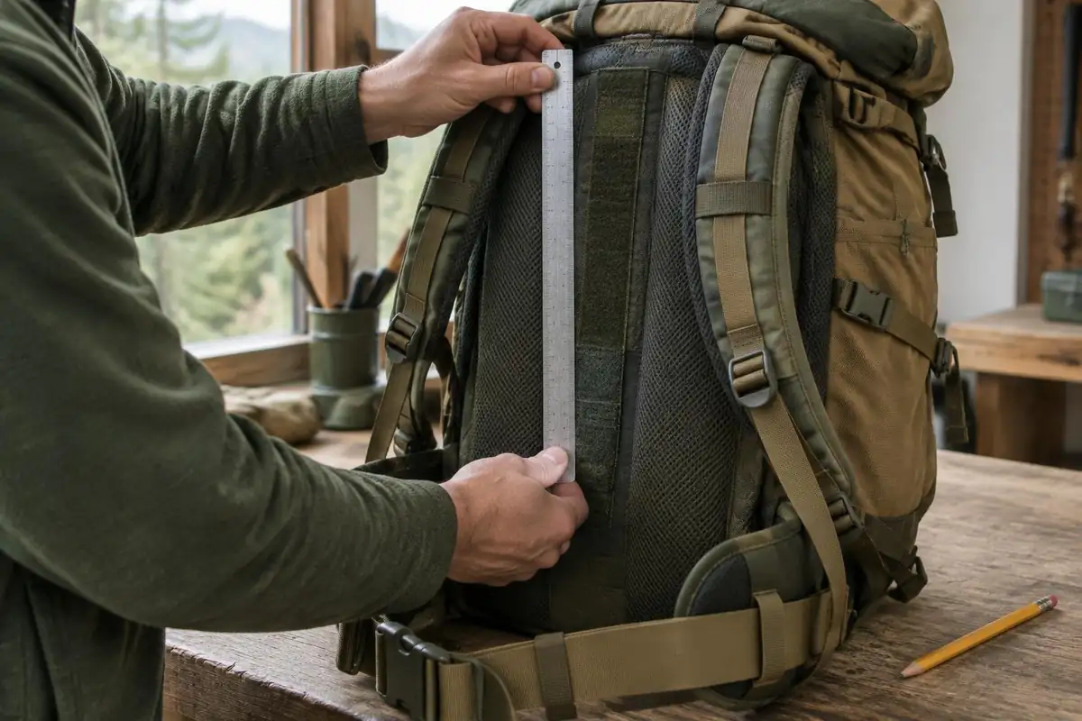 Hands measuring a pack's back panel length with a ruler