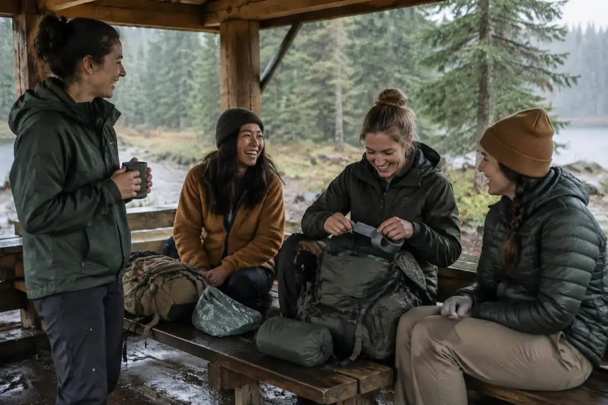Group of women in a park shelter, one measuring another