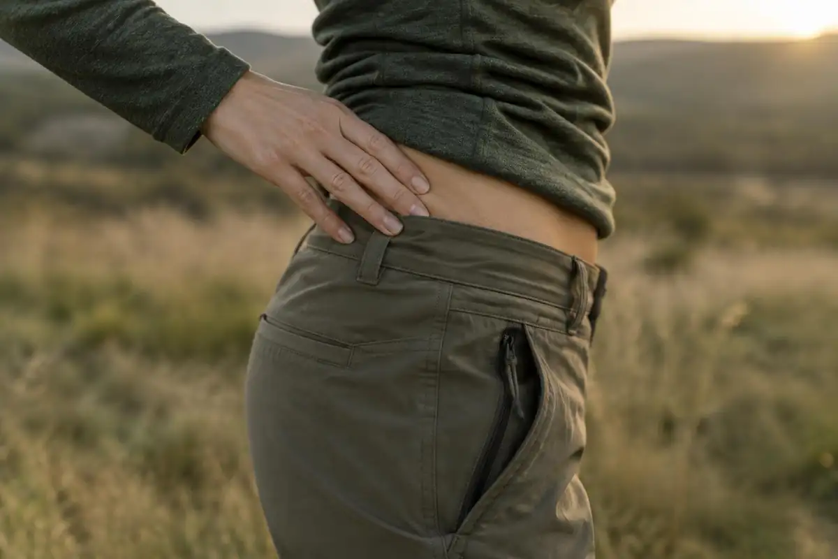 Fingers resting on the top of a hip bone at waist height