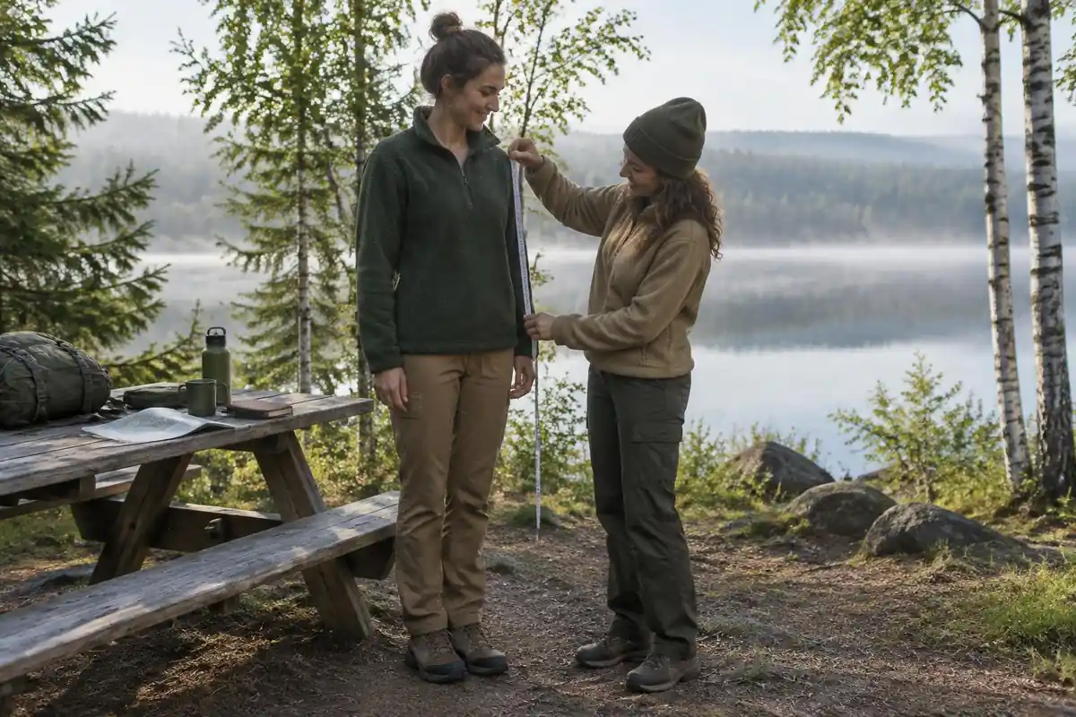 Two friends measuring outdoors on a picnic table at a lakeside campsite