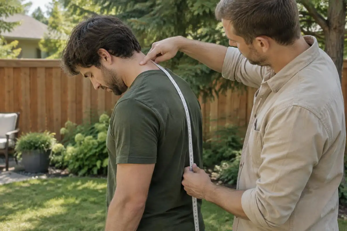 Person bending head forward while friend places fingers on neck bone
