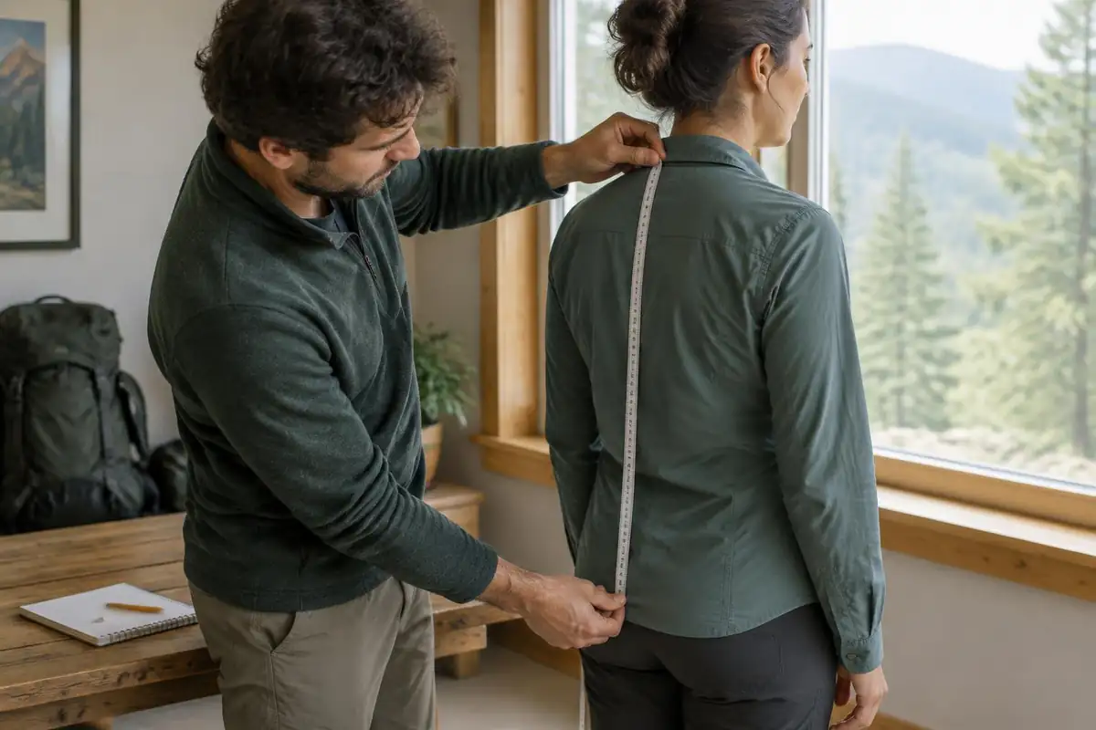 Partner marking torso length with a tape over a hiking shirt, notebook nearby
