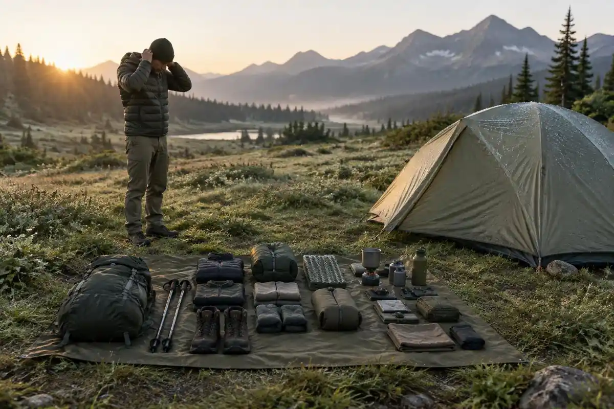 Gear laid out in zones on a tarp before packing at dawn