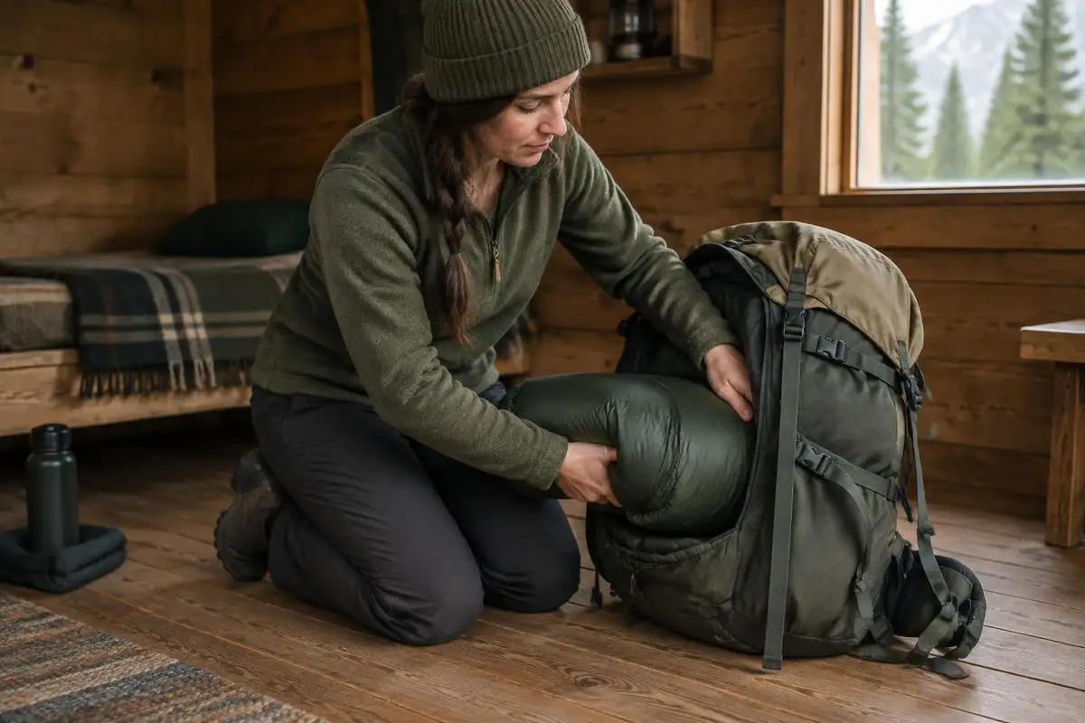 Woman pushing a sleeping bag into the bottom of her pack