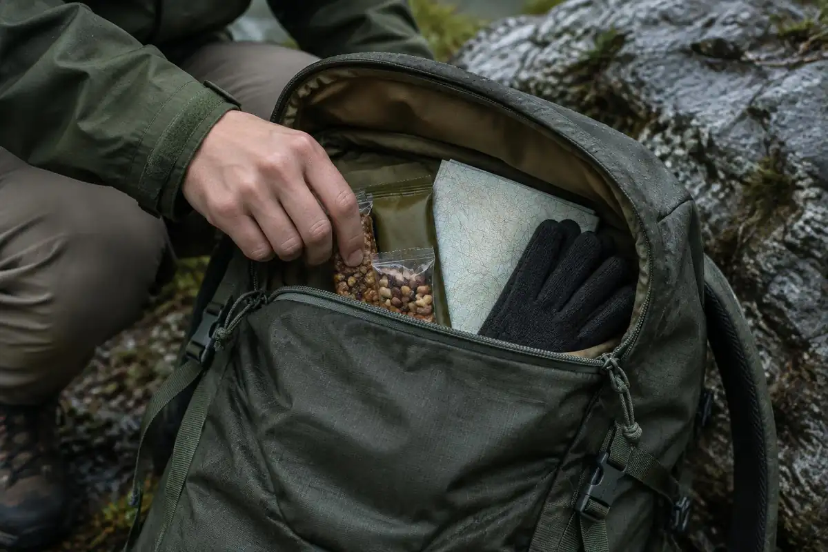 Snacks, map and gloves inside a lid pocket