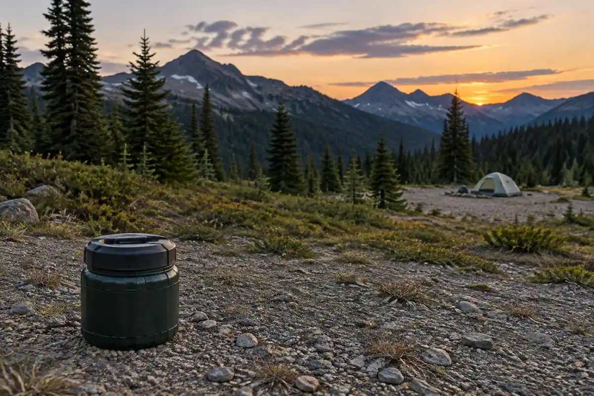 Canister sitting alone on flat ground far from camp at dusk