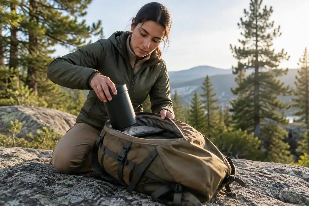 Woman sliding a canister into her pack upright against the back panel