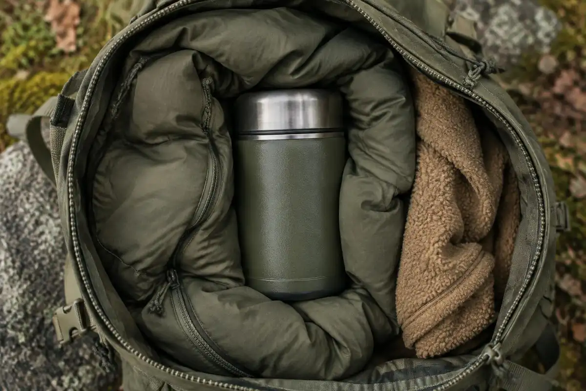 Food bags and soft clothing wrapped around a canister