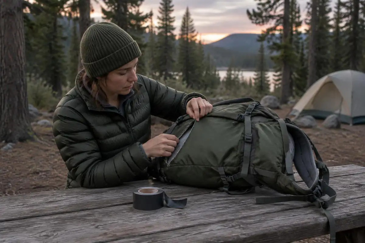 Pack with a torn side laid out on a picnic bench with a tape roll