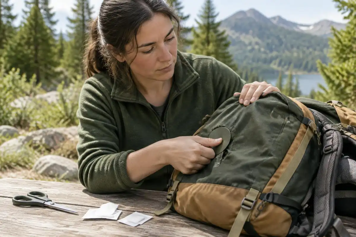 Woman pressing a rounded patch onto fabric with a thumb