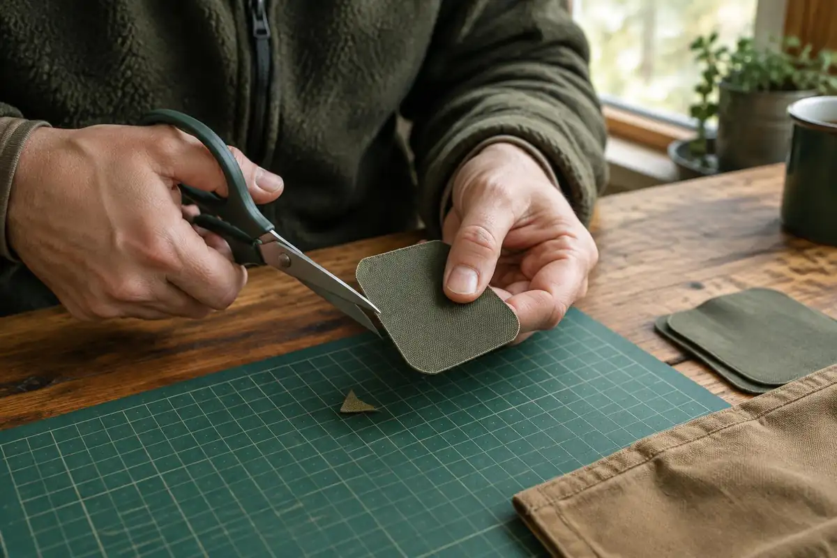 Scissors trimming a corner off a repair patch