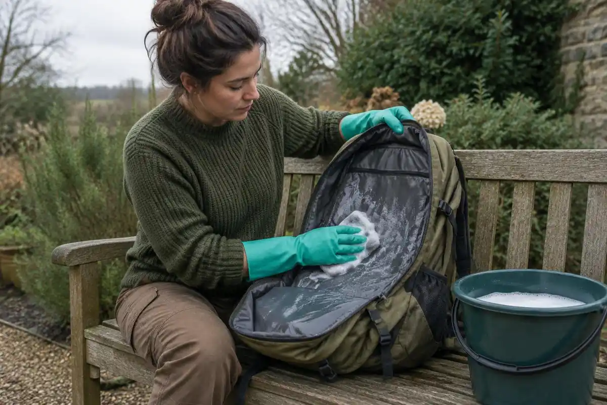 Woman wiping a pack lining with a cloth and mild soap