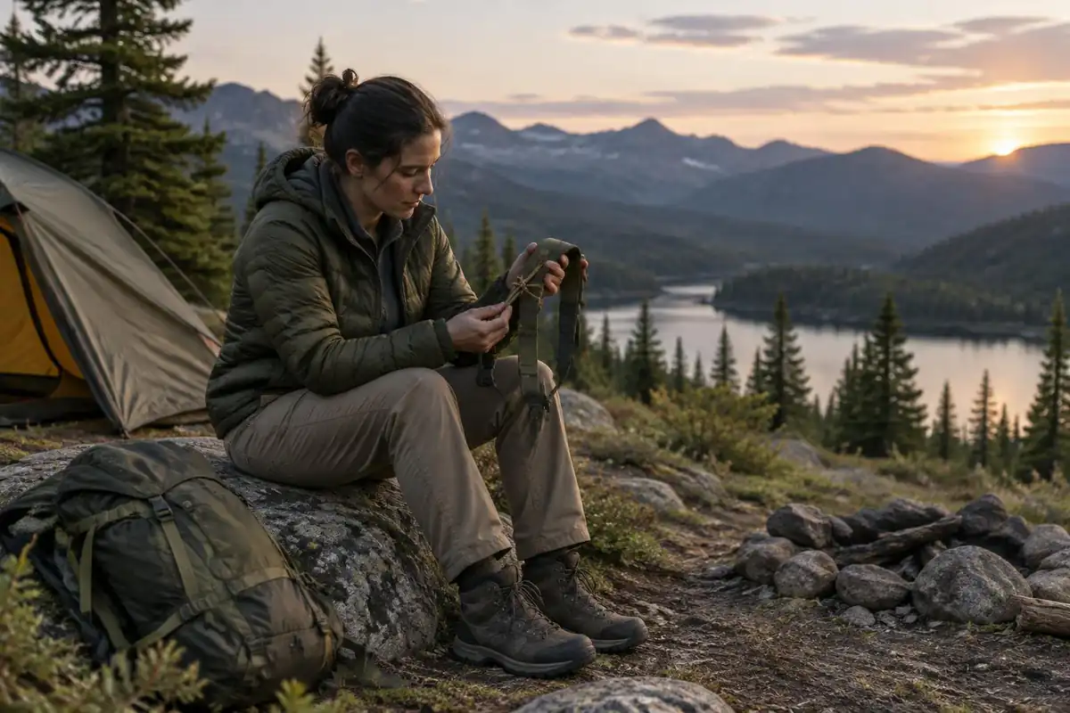 Hiker with a frayed strap tied with cord resting at a campfire-free camp