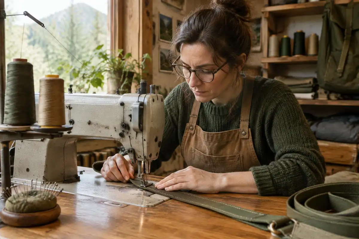 Woman stitching a strap at a sewing machine