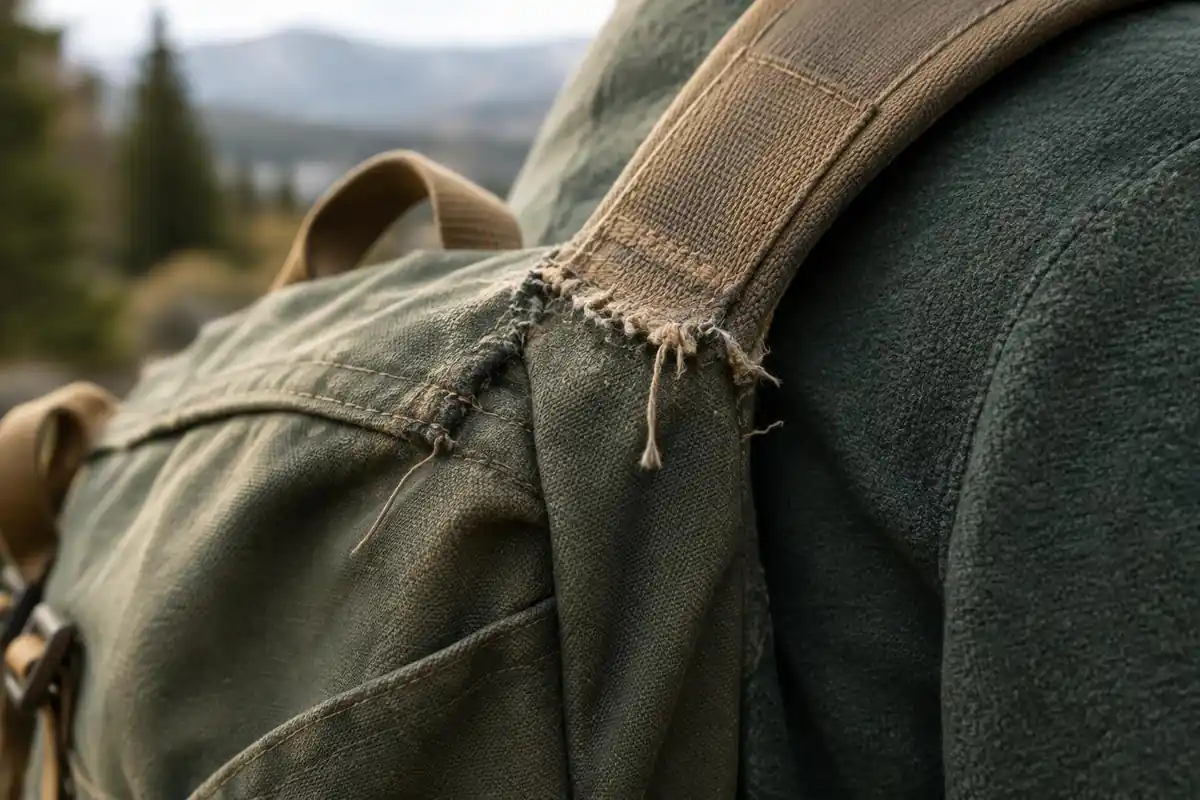 Frayed stitching and loose thread where a shoulder strap joins the pack