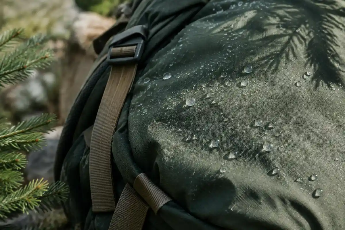Crisp round water drops beading on freshly treated pack fabric outdoors