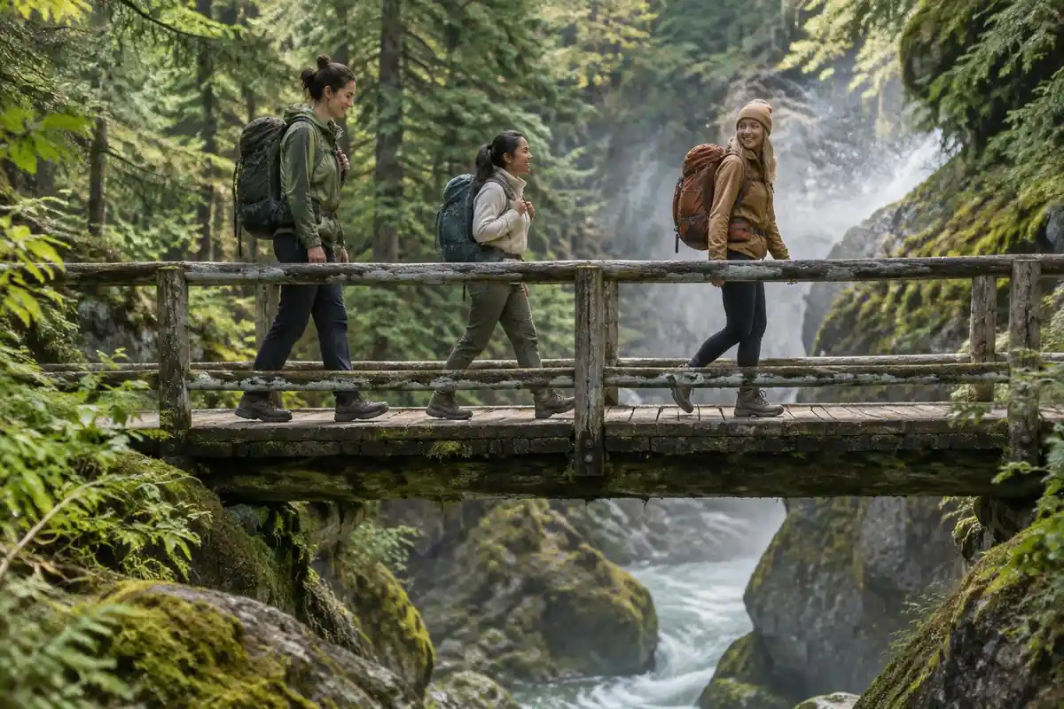 Women hikers of different heights on a bridge in a green gorge
