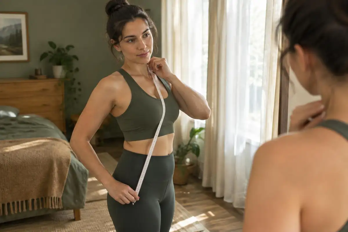 Woman measuring her torso with a tape in a mirror at home
