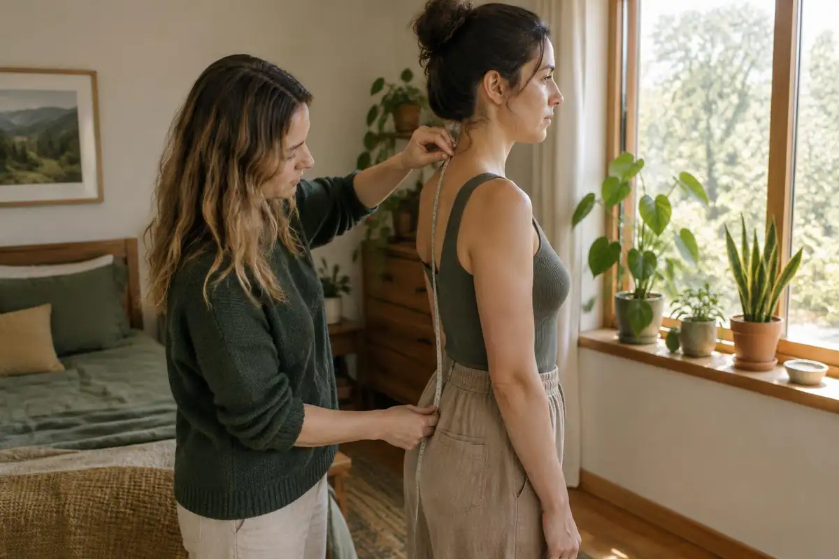 Woman having her torso measured along the spine by a friend in a sunny room