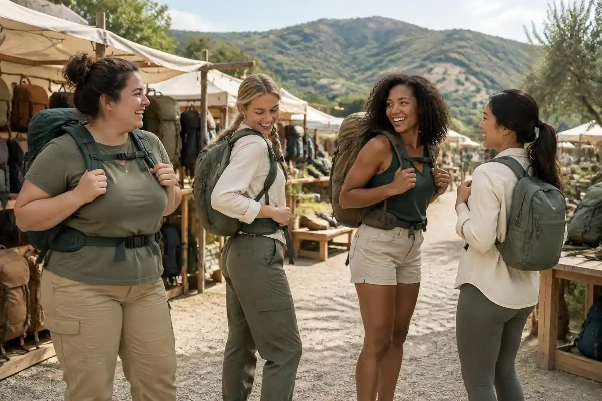 Group of women trying on different packs in a bright outdoor gear area
