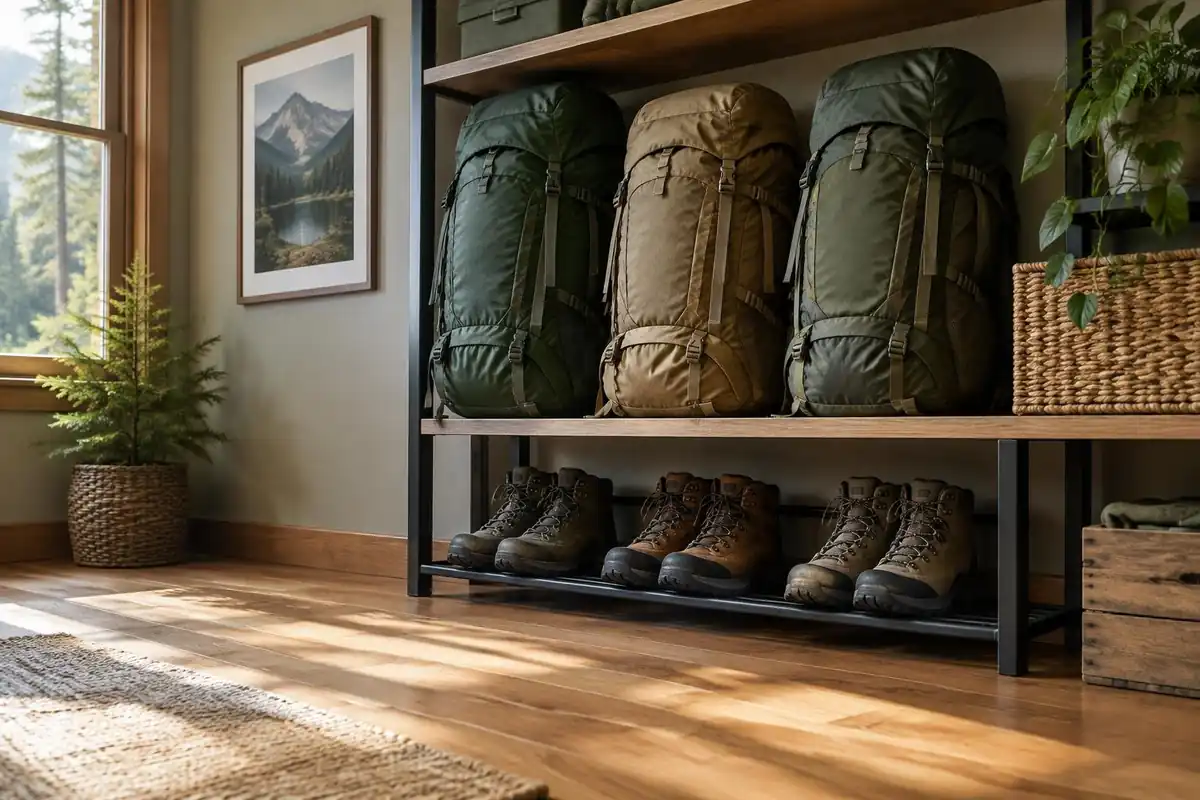 Row of packs on a closet shelf in a cool room