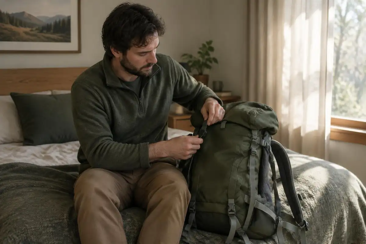 Man loosening every strap and buckle on an empty pack