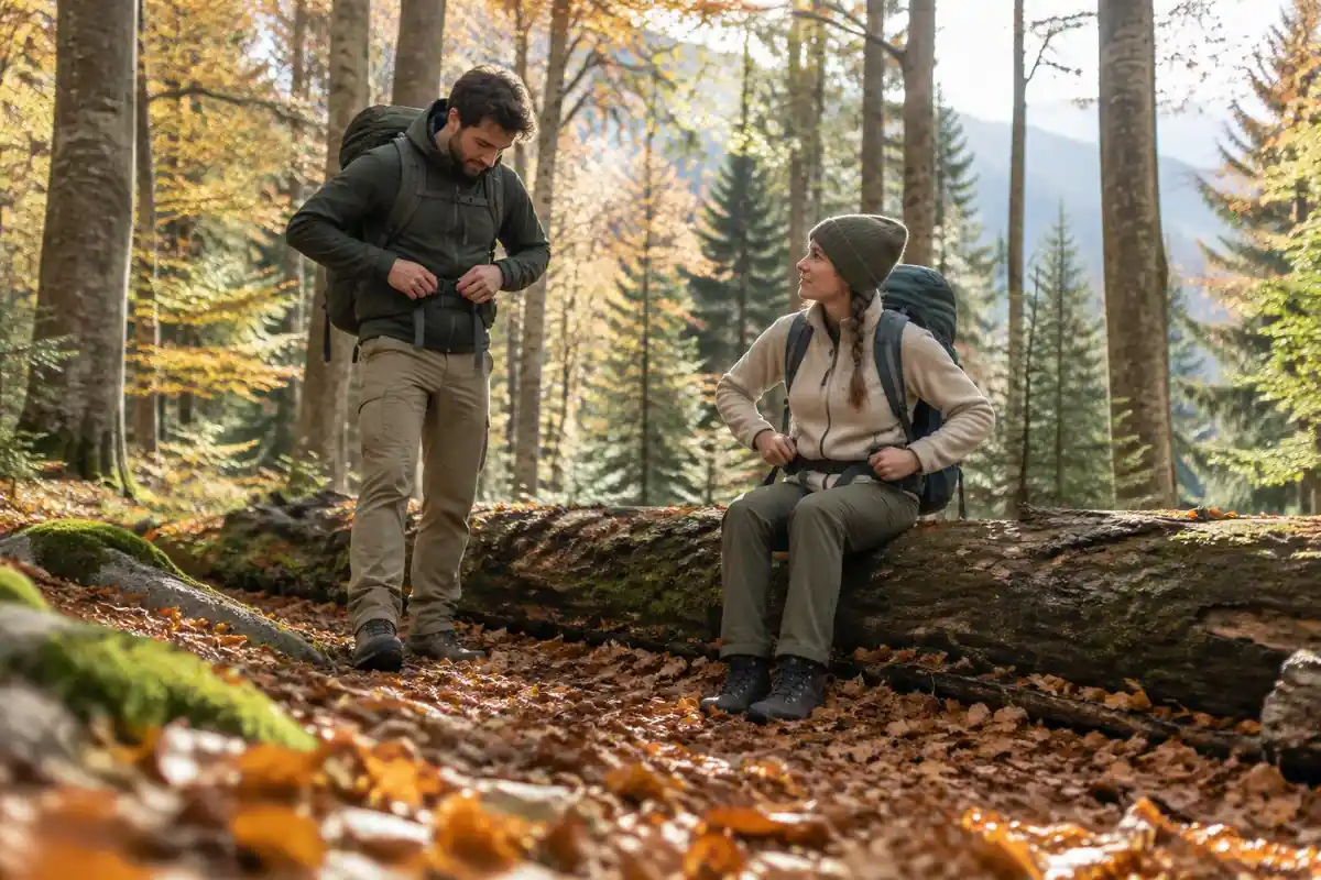 Hikers pausing beside a fallen log to retighten their packs