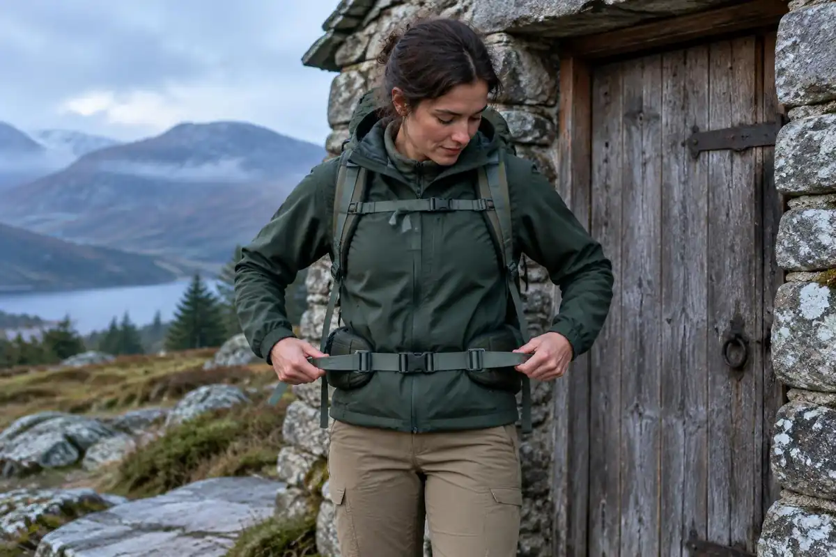 Woman pulling hip belt tab strap with both hands at a stone hut doorstep