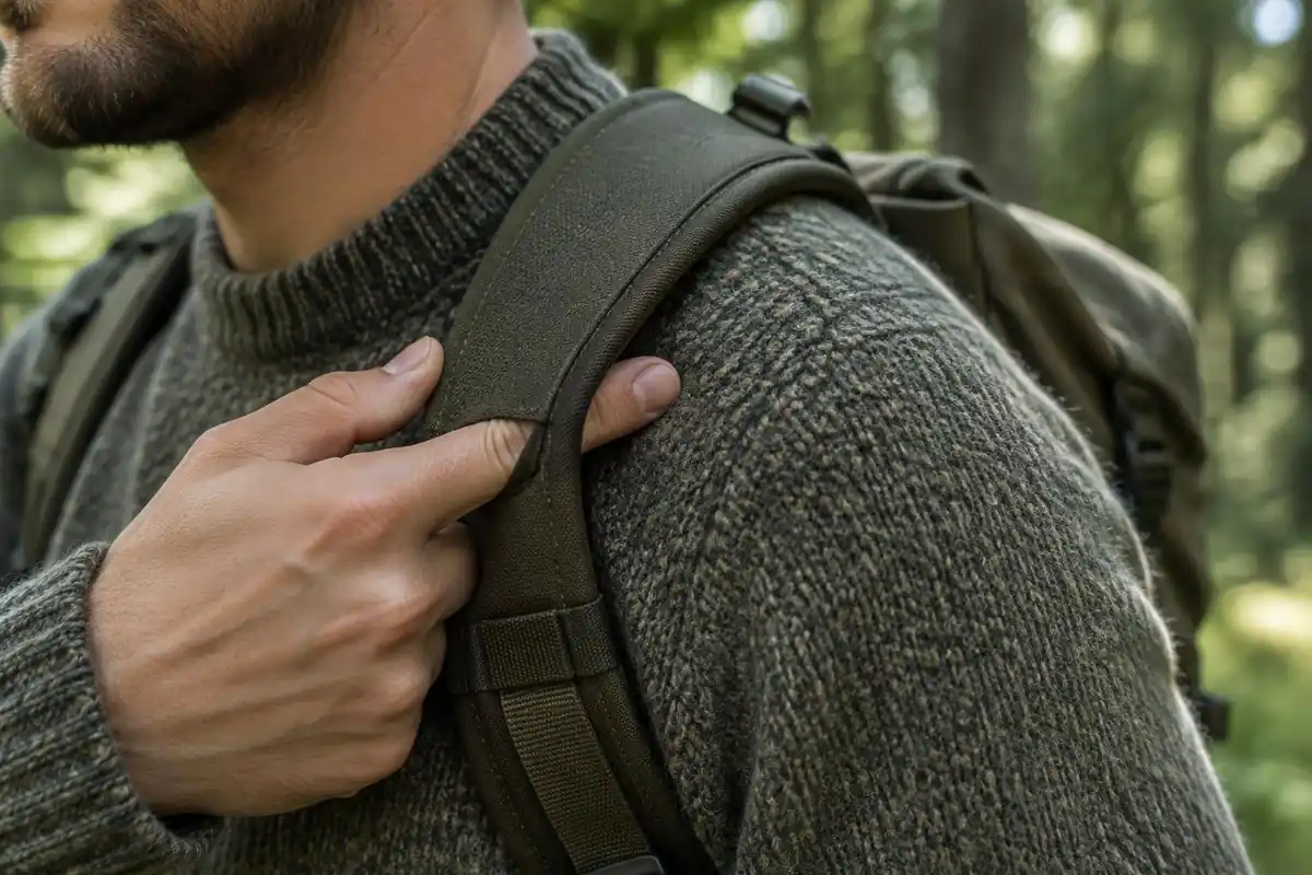 Fingers checking the gap under a padded shoulder strap on a hiker
