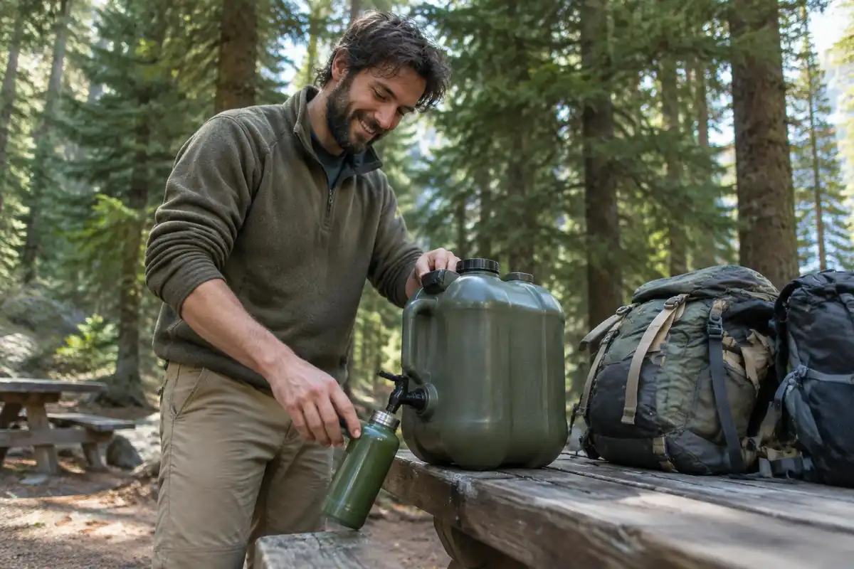 Man refilling a bottle from a treated jug at a picnic area