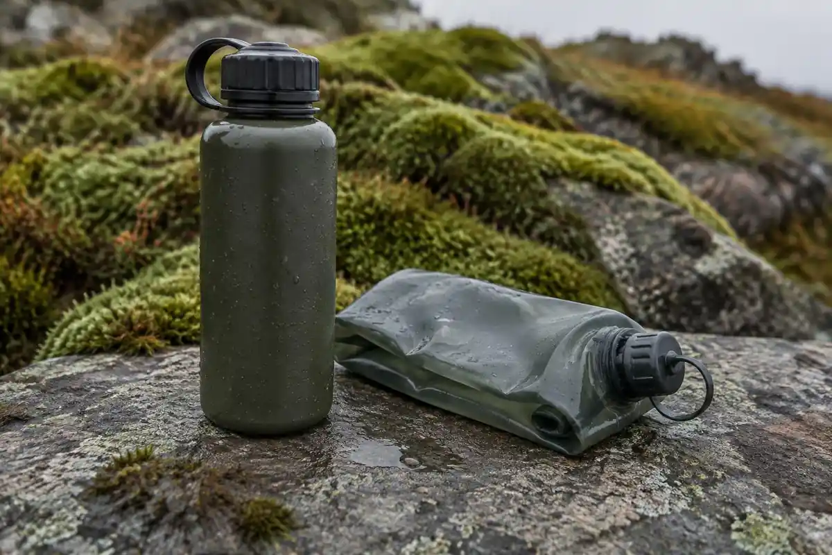 Bottle and folded bladder side by side on a rock