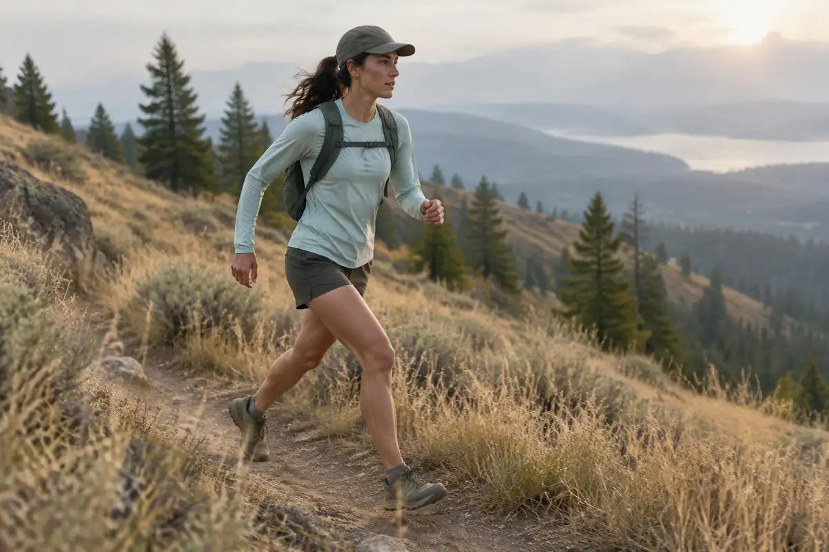 Trail runner-style hiker jogging a dirt track with a slim small pack