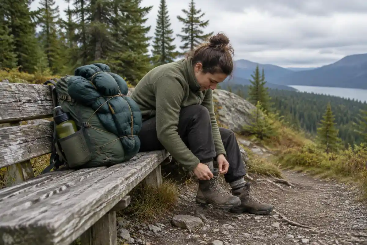 Overstuffed small pack with a jacket strapped outside resting on a trailside bench