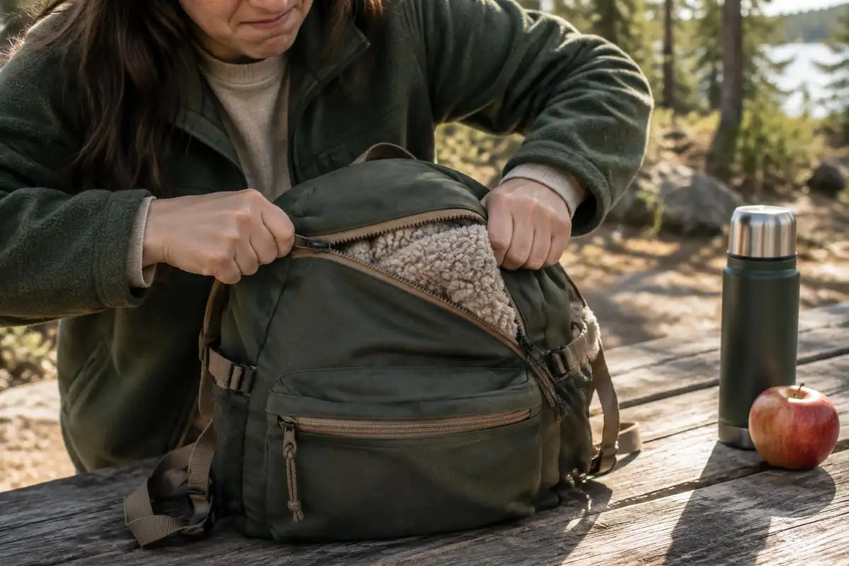 Hands struggling to close a bulging pack zipper over a fleece