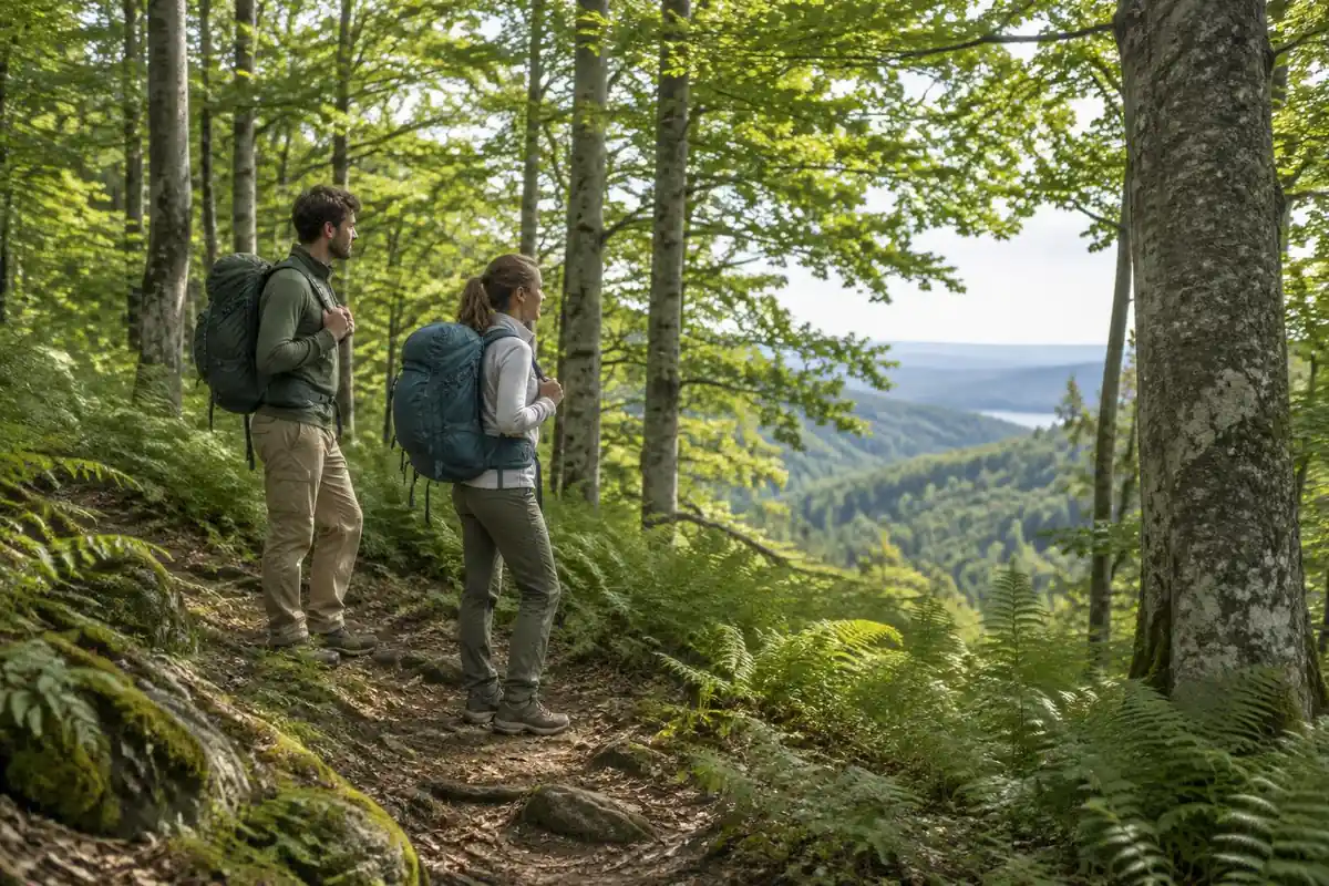 Hikers pausing on a forested ridge with mid-sized daypacks
