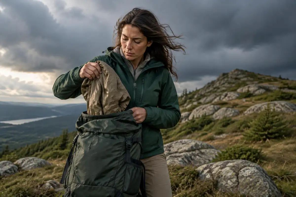 Woman pulling a rain jacket out of a daypack side pocket as clouds roll in