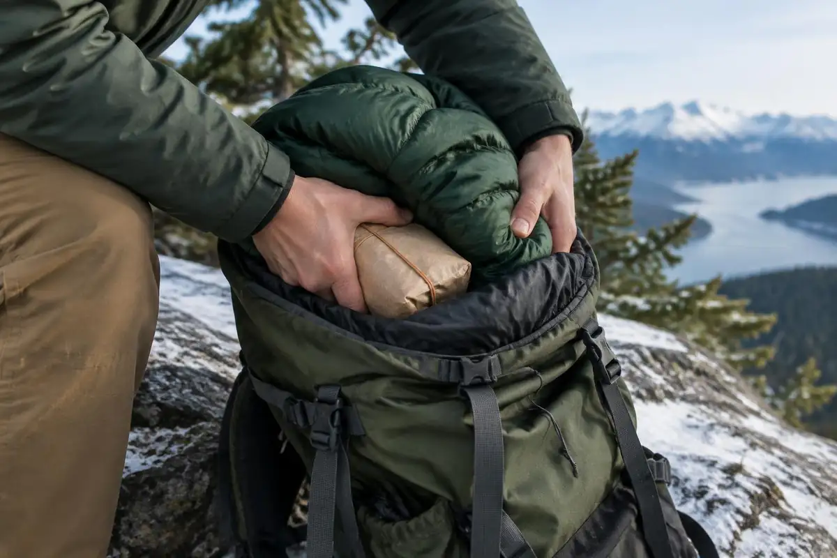 Hiker's hands packing an extra insulated layer and lunch into a full daypack