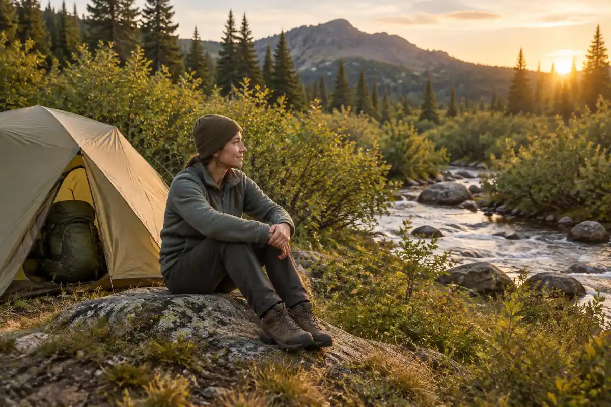 Solo backpacker camped beside a small tent with a modest pack under a vestibule