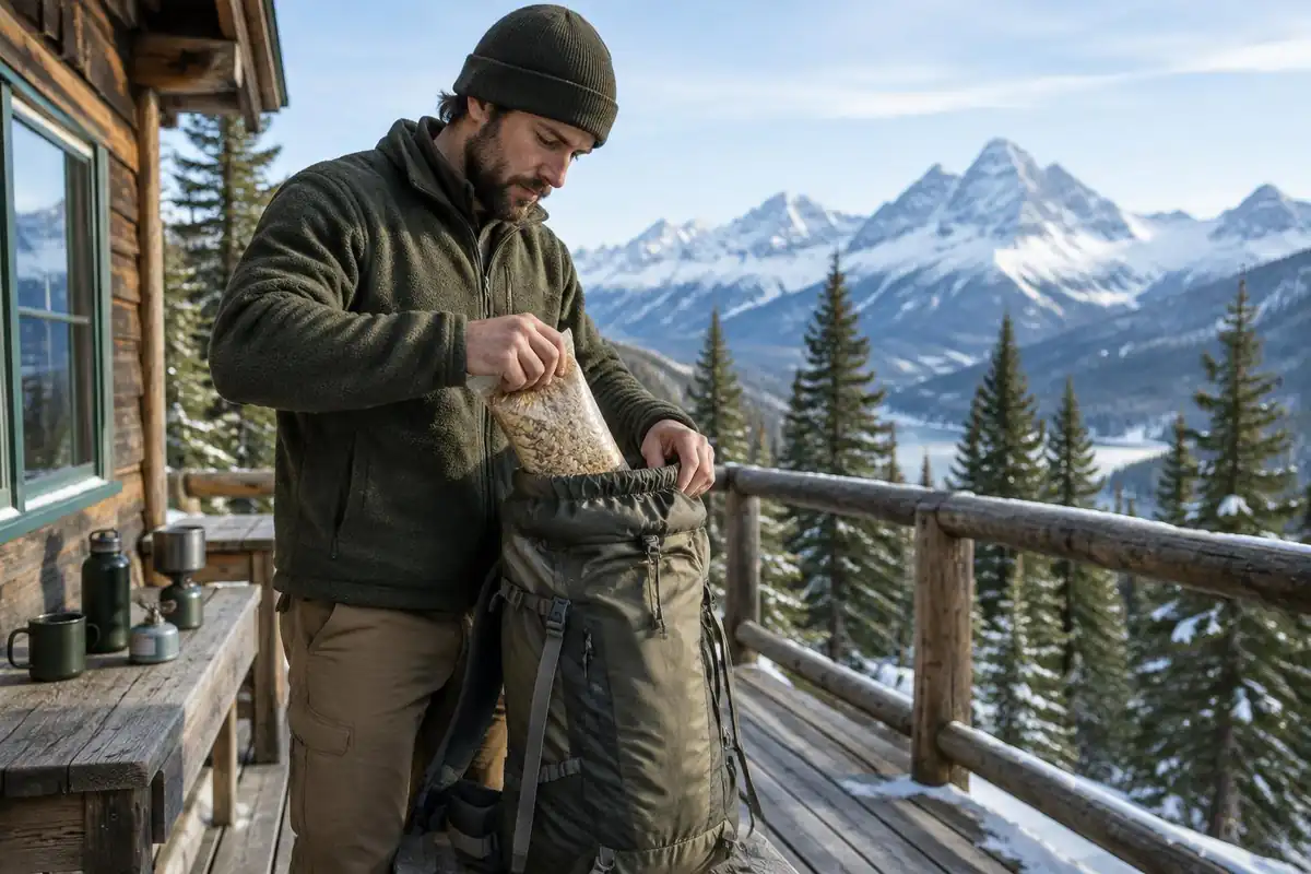 Man packing a stuff sack of food into a 40 liter pack on a hut deck