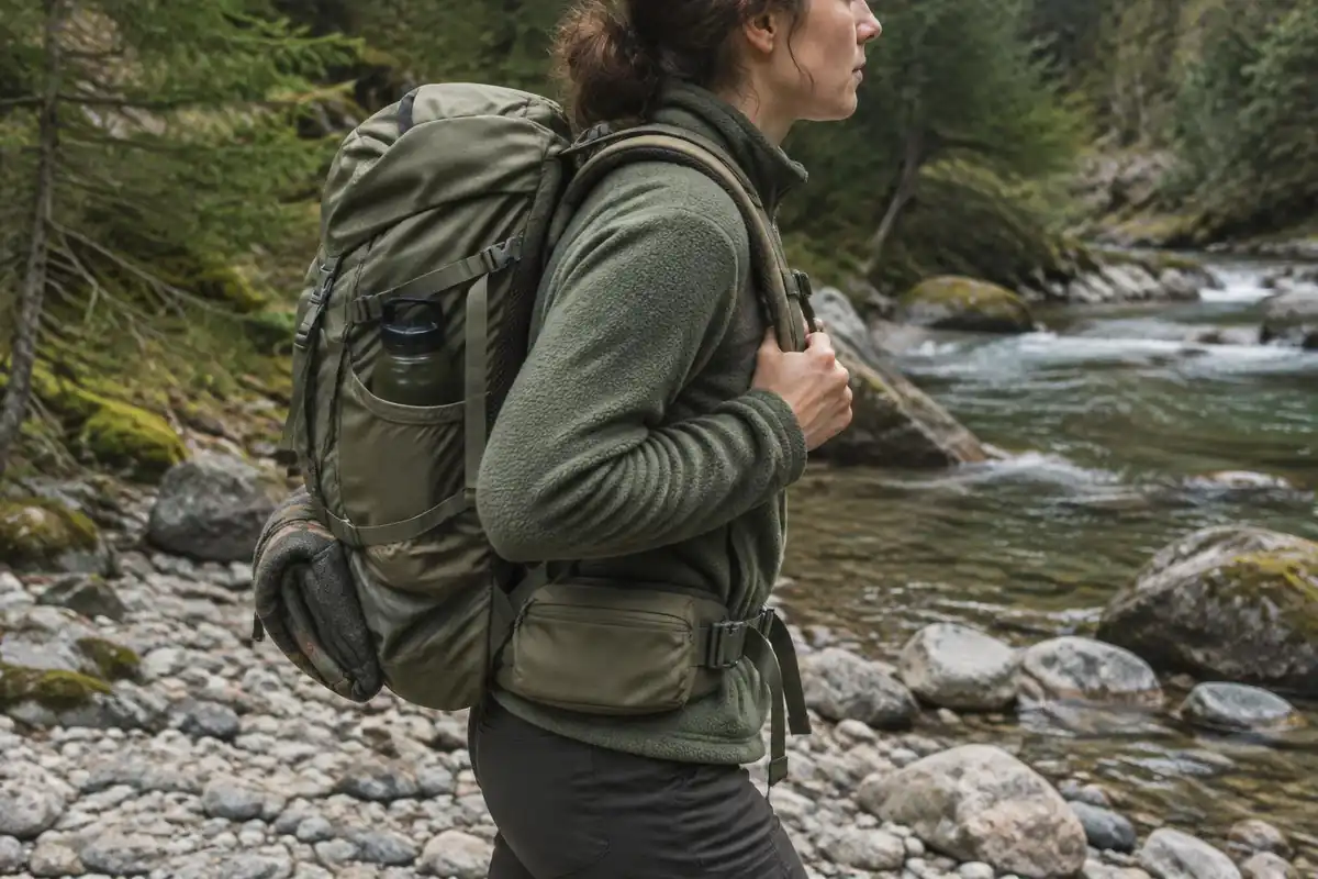 Loaded pack on a hiker's shoulders shown from the side with hip belt bearing weight