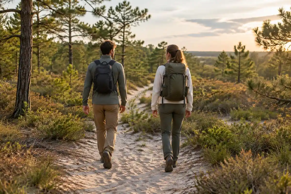 Two hikers of similar build with different sized packs on a sandy trail