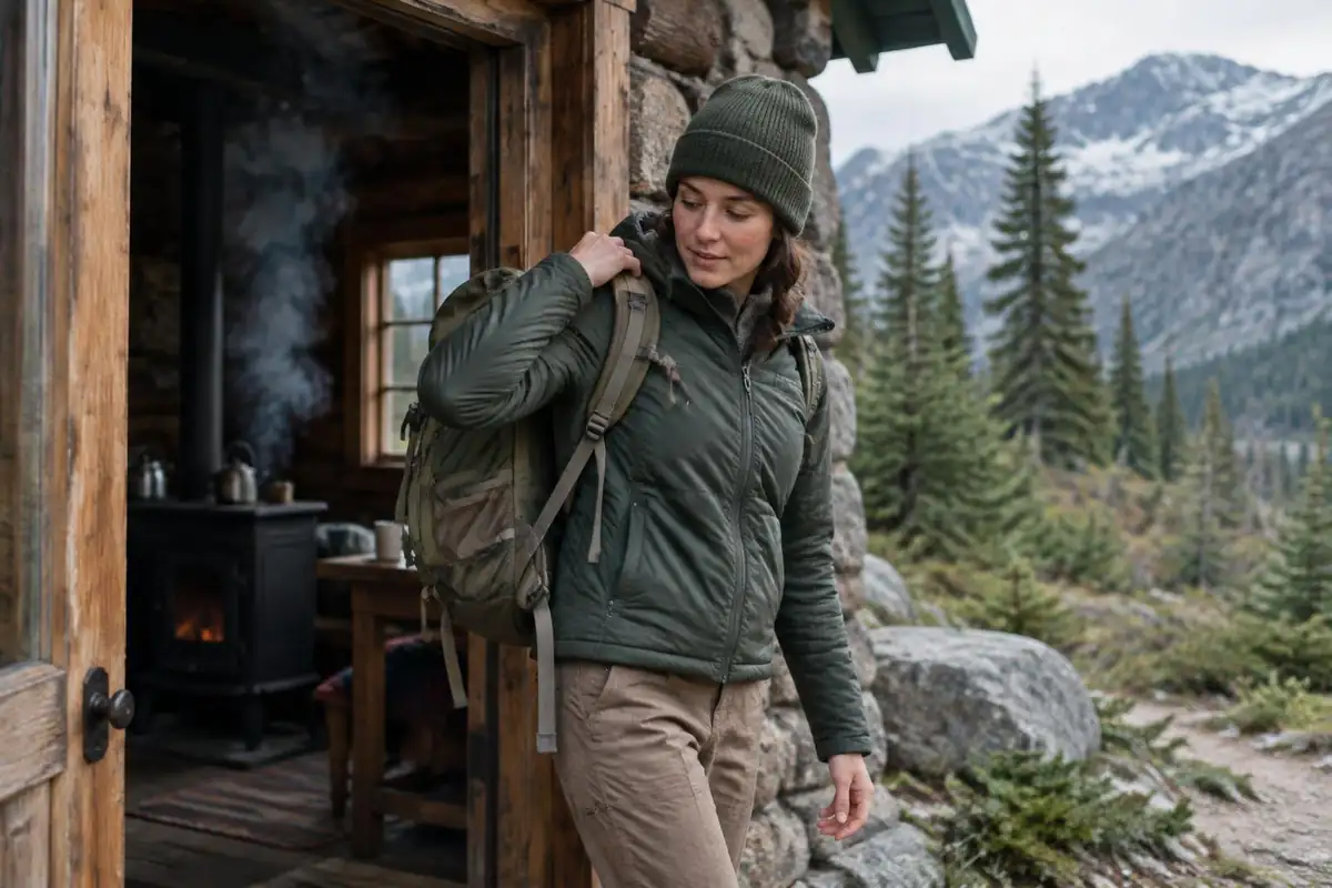 Woman hefting a pack onto her back in a hut kitchen doorway