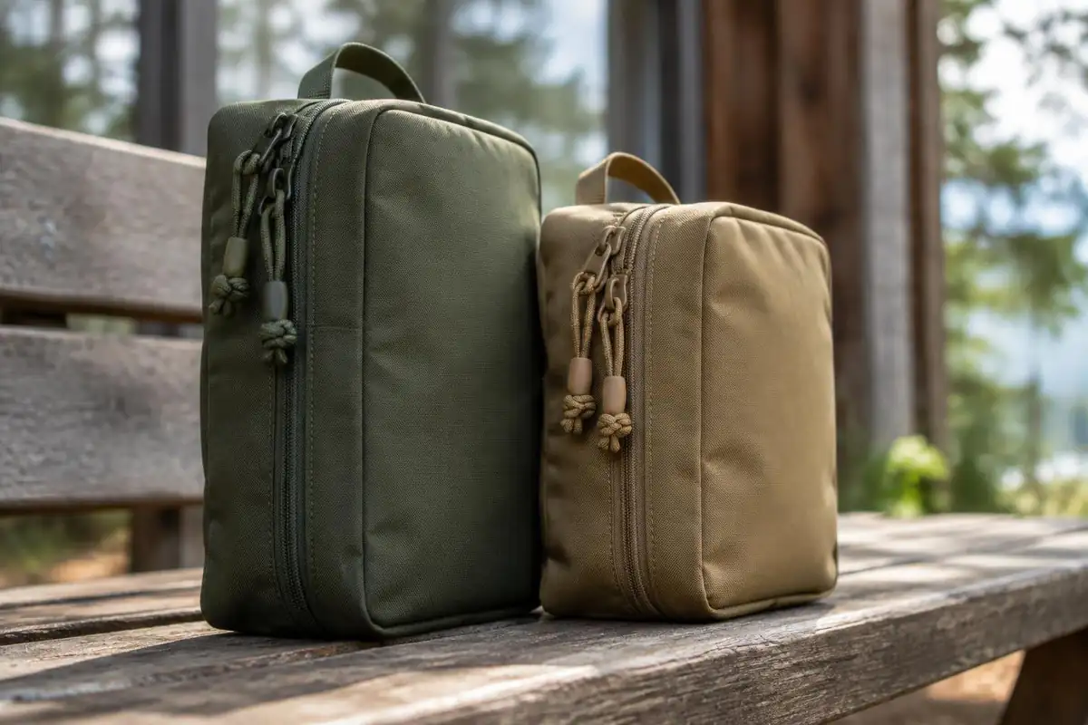 Two packs side by side on a hut bench showing height difference
