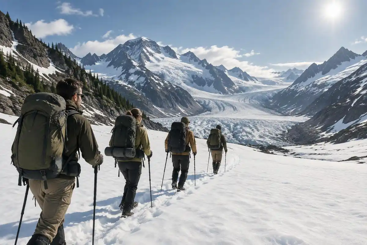 Expedition-style group with large packs crossing a long snowfield in bright sun