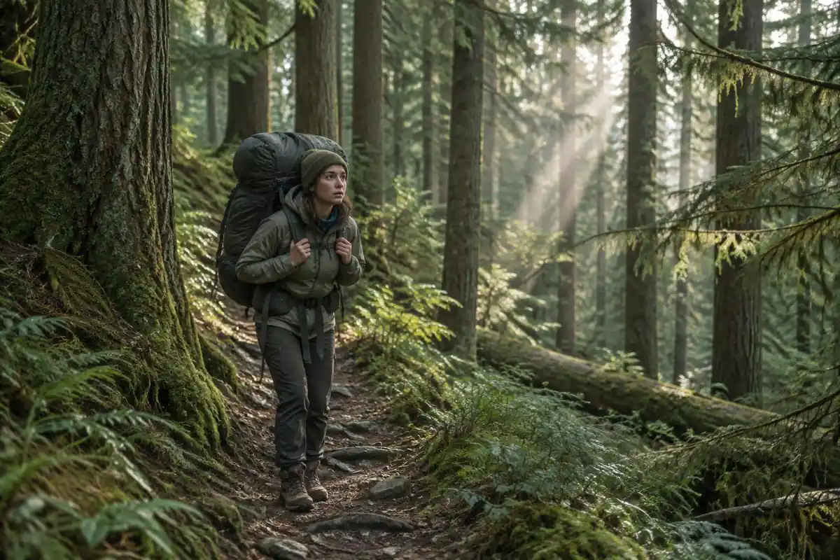 Hiker on a short trail dwarfed by an oversized pack swaying on a narrow path